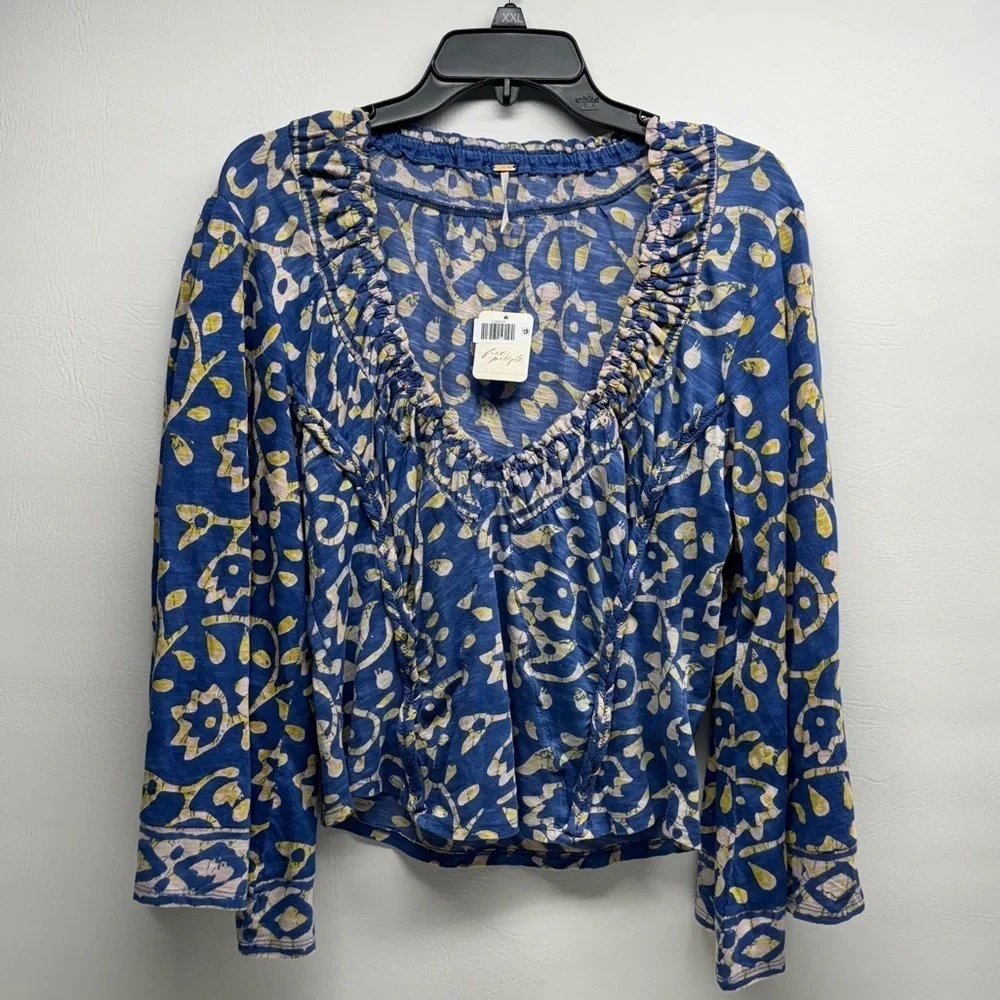 Free people blue motif boho crop top long sleeve size xl nwt